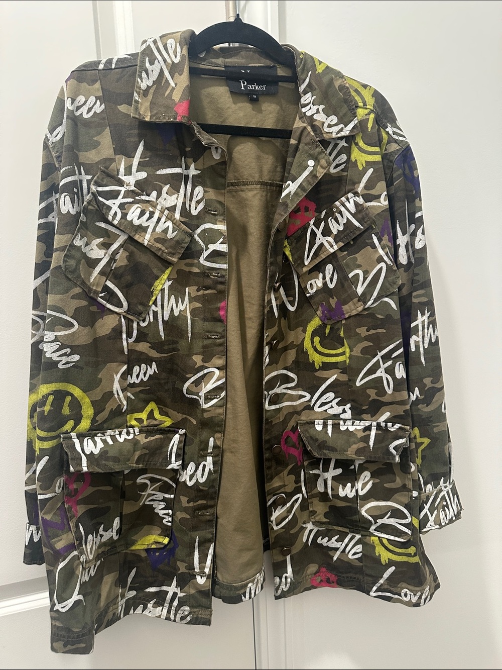 Parker Olive Camo Utility Jacket with White Script & Multicolor Accents